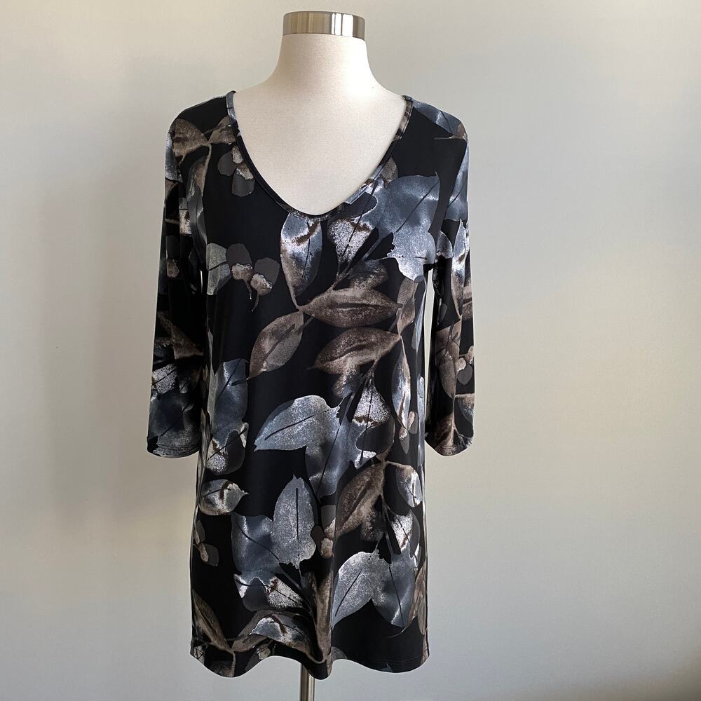 Clara Sun Woo Scoop Neck Tunic Black Grey Leaf Blouse Split Hem 3/4 Sleeve Small